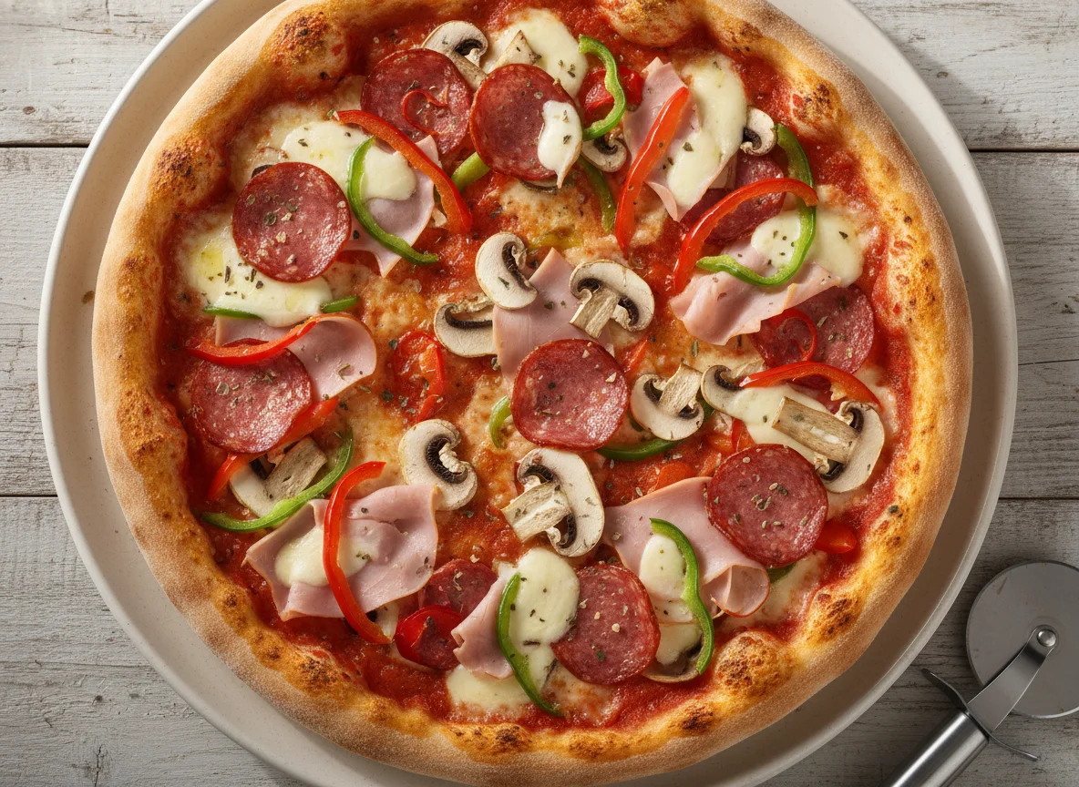 Pizza mit Salami, Schinken, Pilzen und Paprika photo