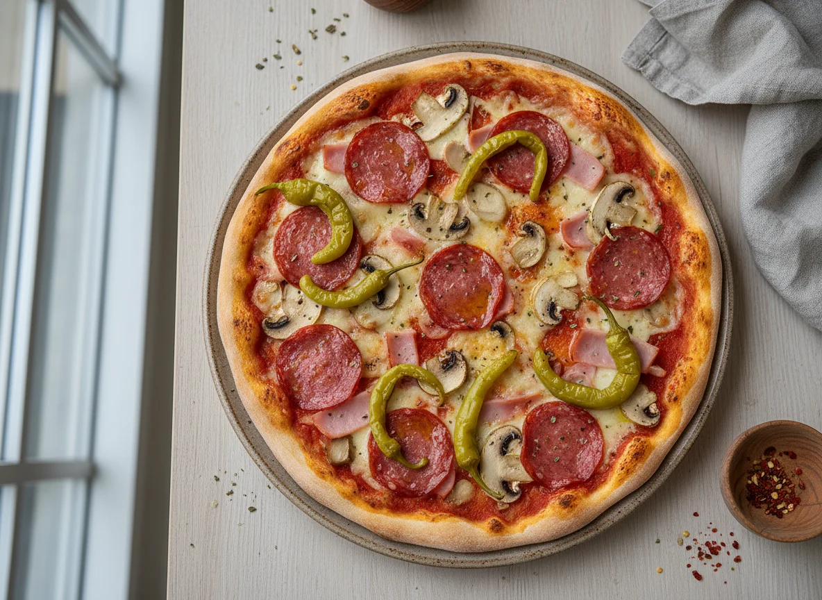 Pizza mit Salami, Schinken, Pilzen und Peperoni photo