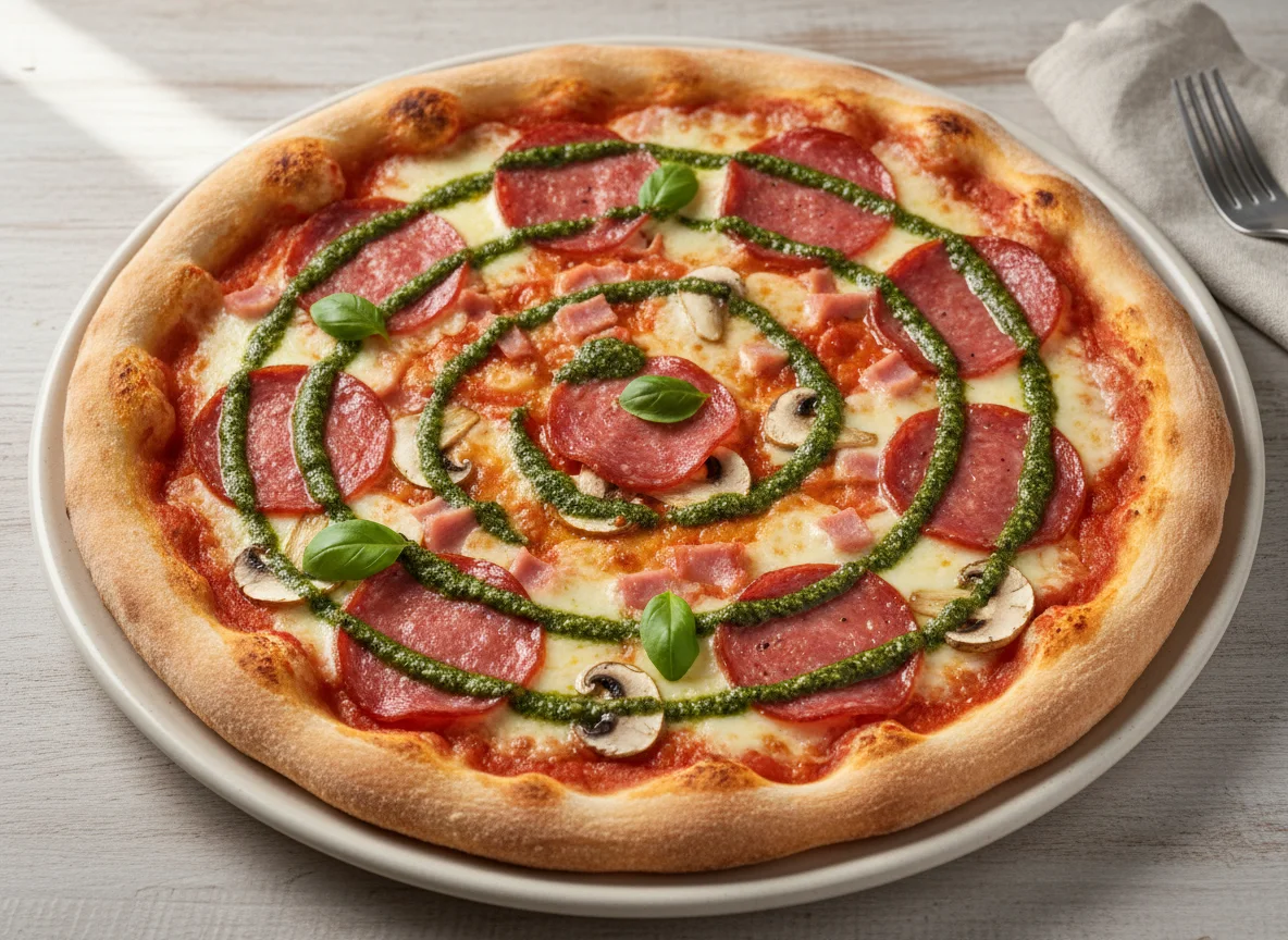 Pizza mit Salami, Schinken, Pilzen und Pesto photo