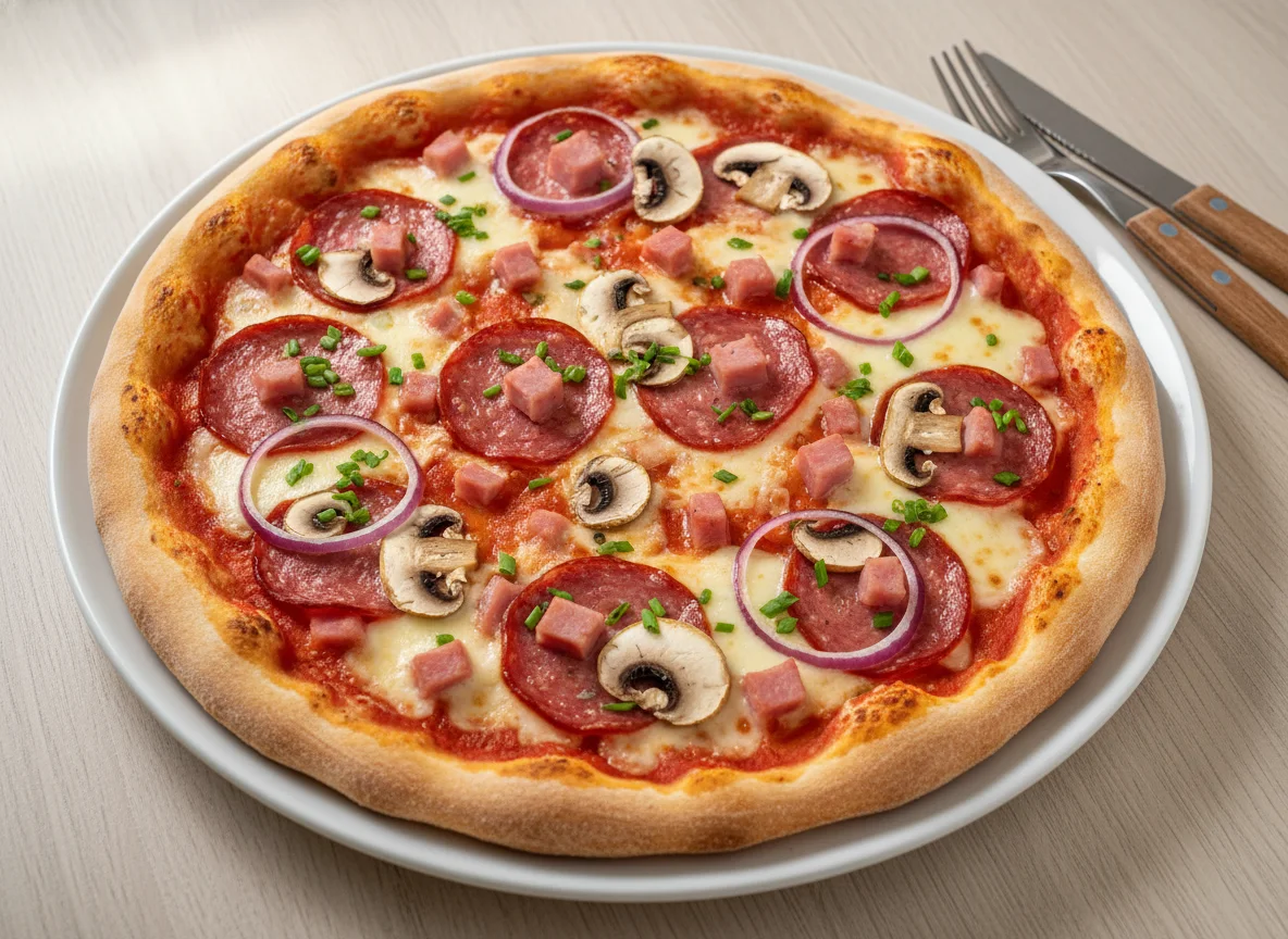 Pizza mit Salami, Schinken, Pilzen und roten Zwiebeln photo