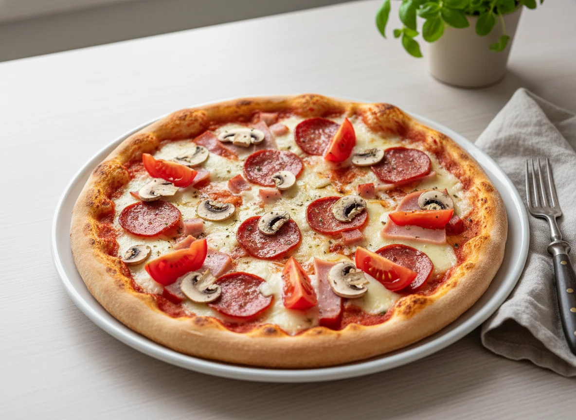 Pizza mit Salami, Schinken, Pilzen und Tomaten photo