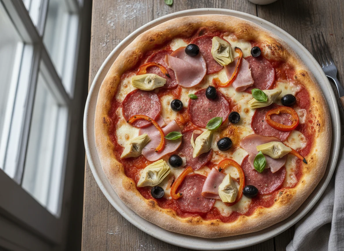 Pizza mit Salami, Schinken und Artischocken photo