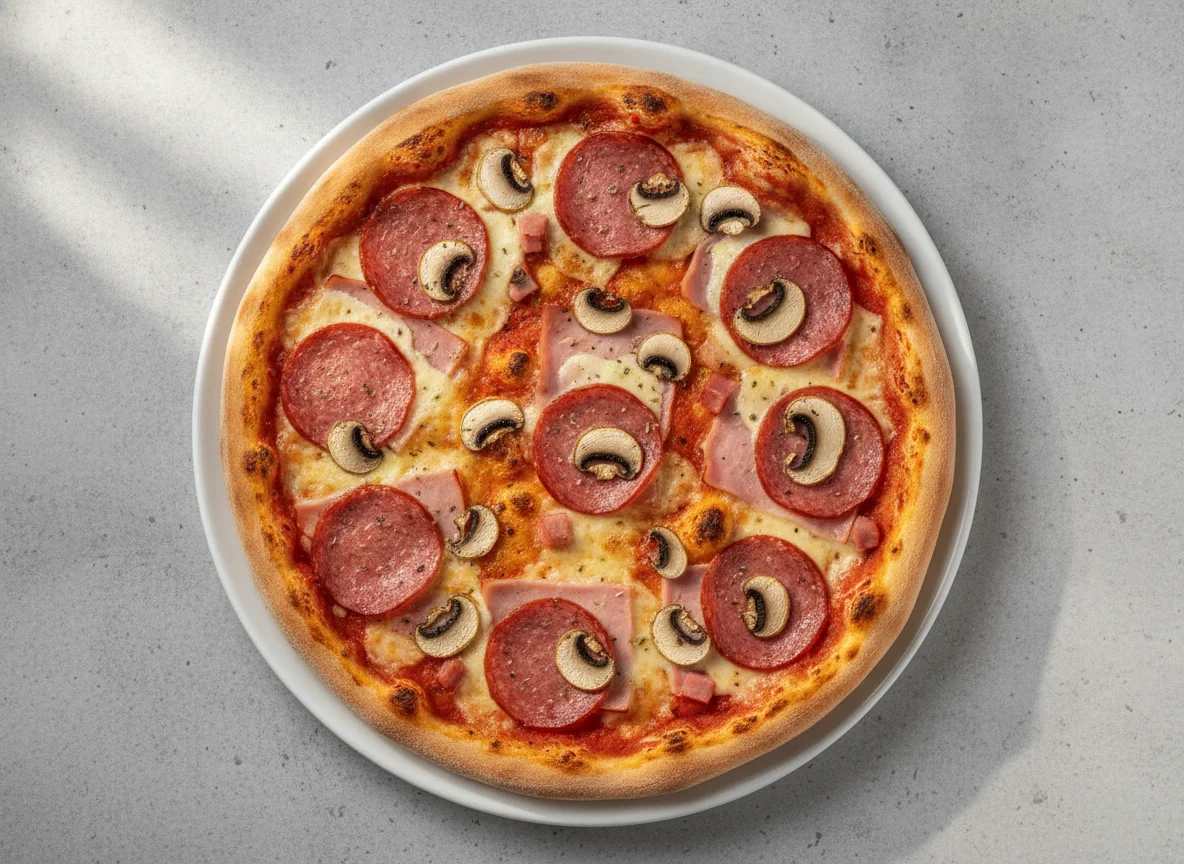 Pizza mit Salami, Schinken und Champignons photo