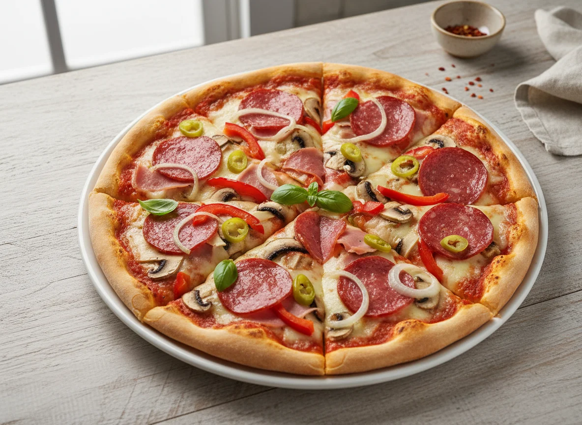 Pizza mit Salami, Schinken und Gemüse photo