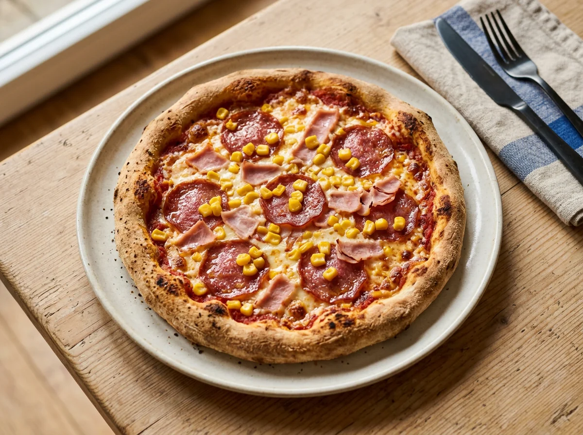 Pizza mit Salami, Schinken und Mais photo