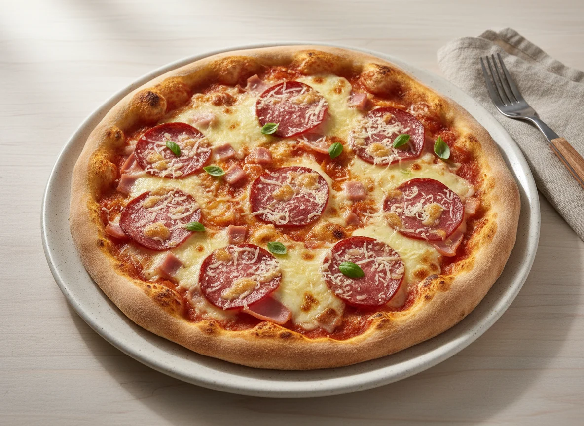Pizza mit Salami, Schinken und Mozzarella photo