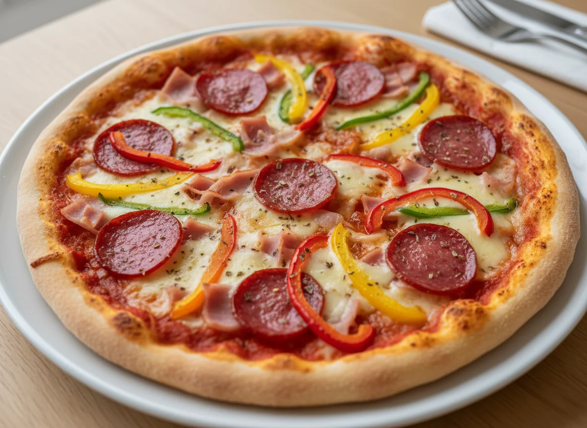 Pizza mit Salami, Schinken und Paprika photo