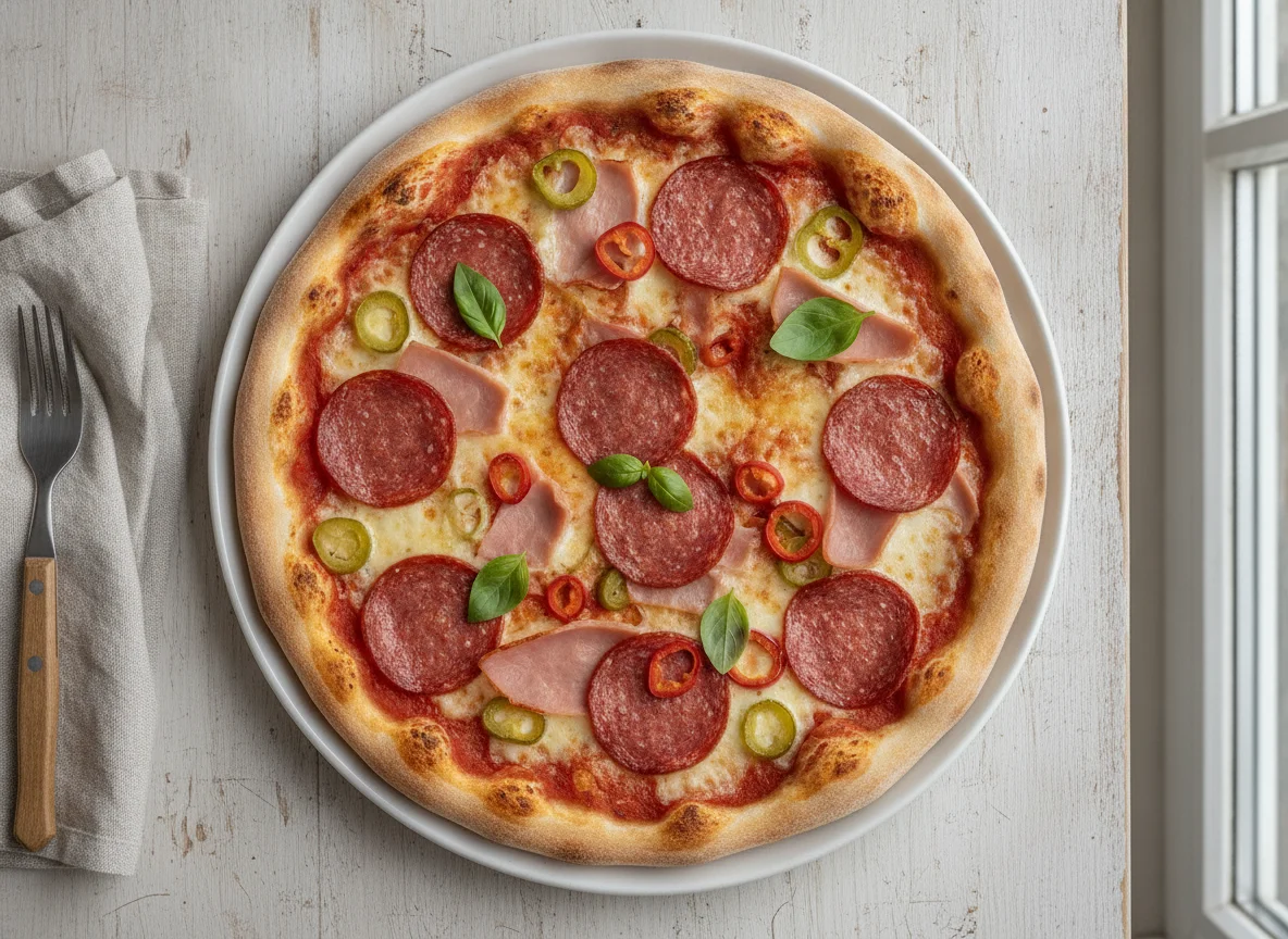 Pizza mit Salami, Schinken und Peperoni photo
