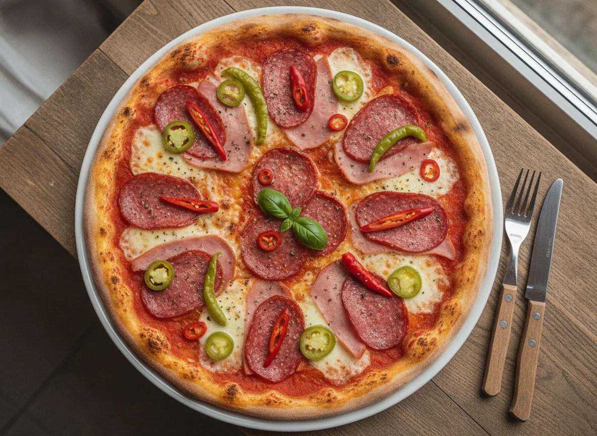 Pizza mit Salami, Schinken und Pfefferoni photo