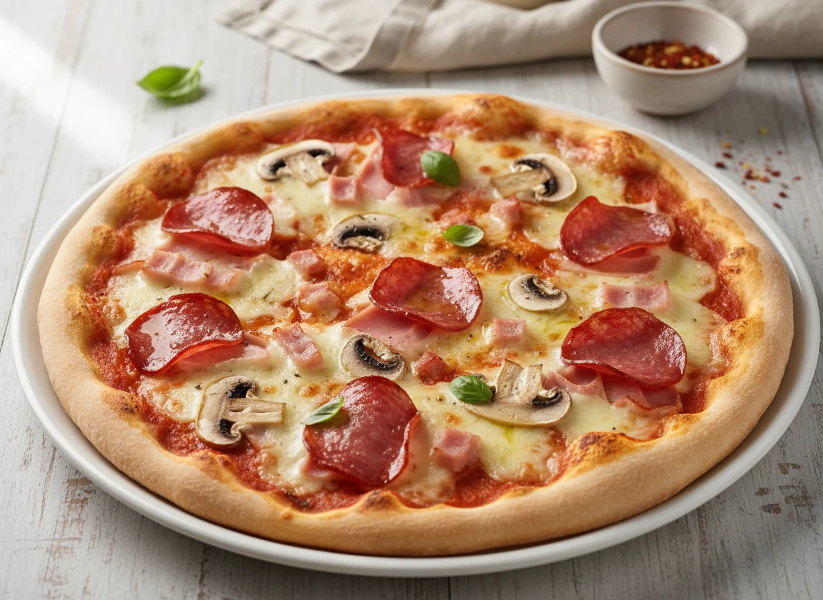 Pizza mit Salami, Schinken und Pilzen photo