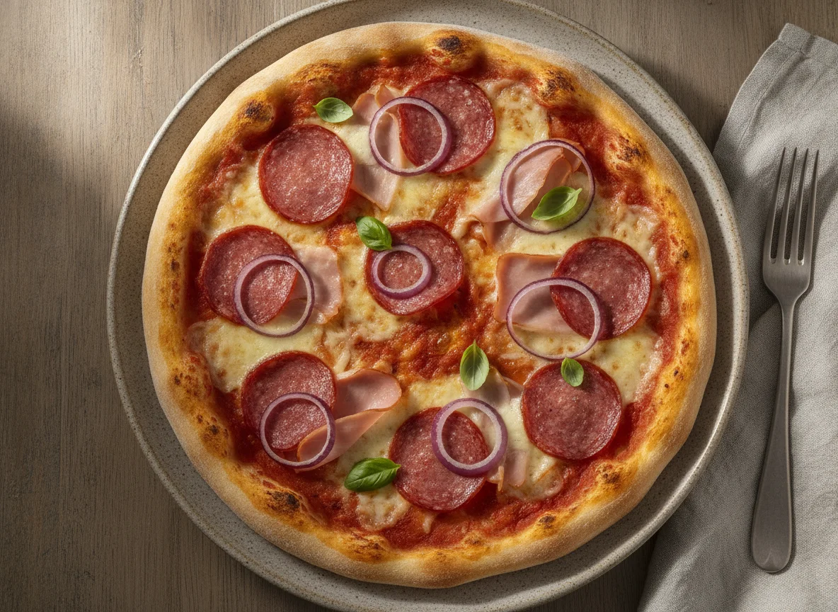Pizza mit Salami, Schinken und roten Zwiebeln photo