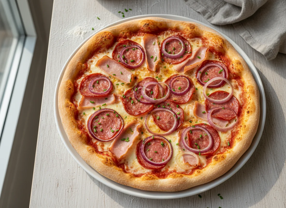 Pizza mit Salami, Schinken und Zwiebeln photo