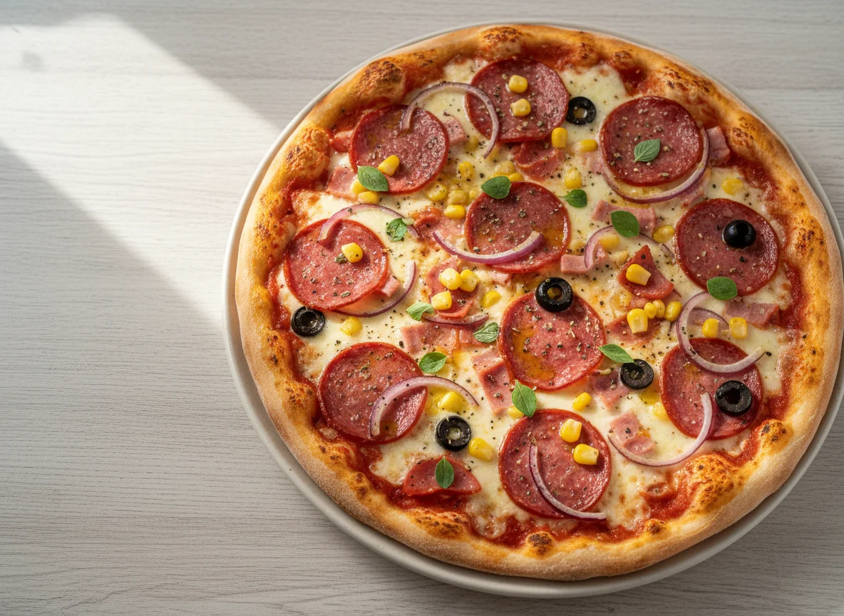 Pizza mit Salami, Schinken, Zwiebeln und Mais photo