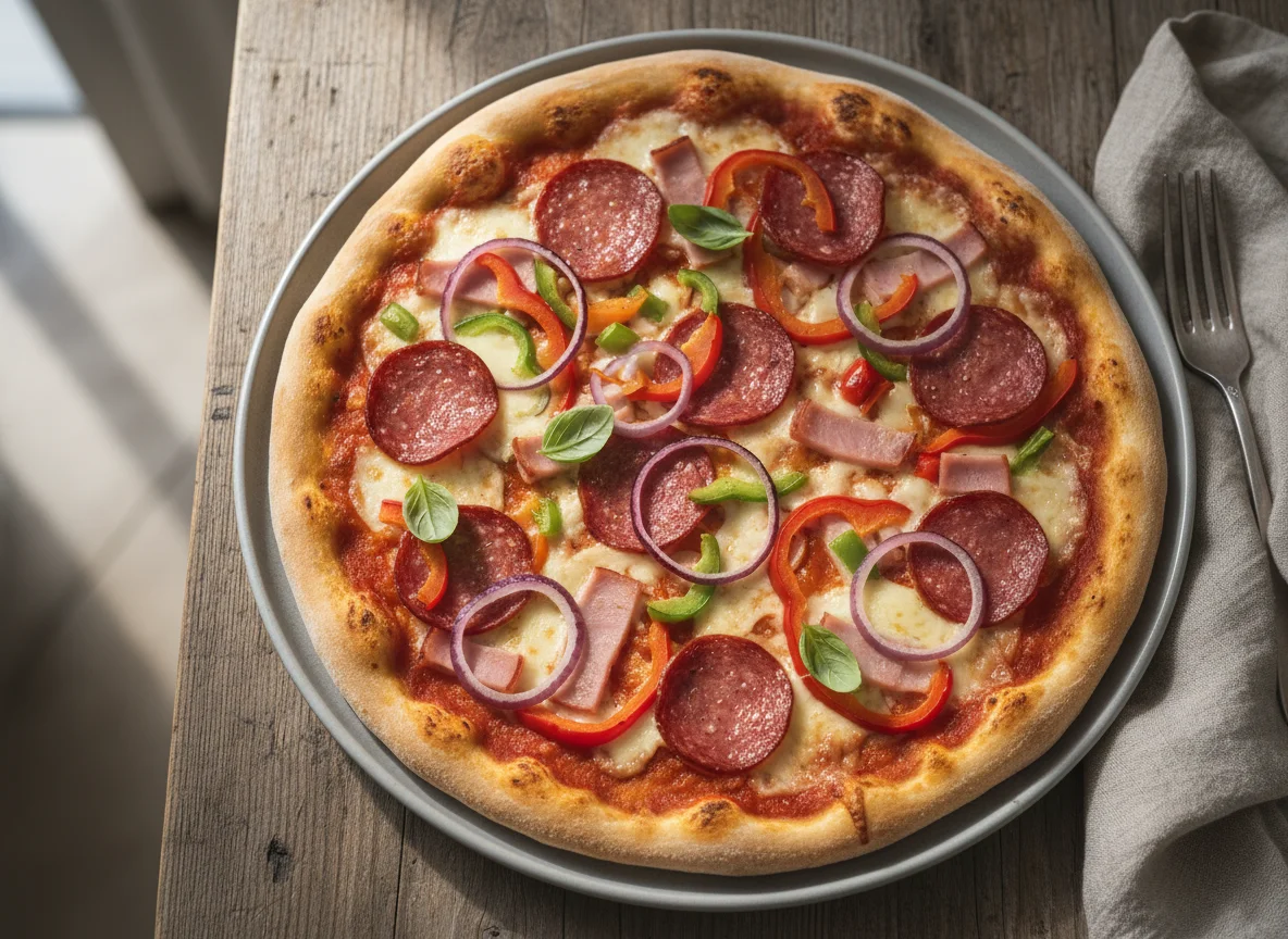 Pizza mit Salami, Schinken, Zwiebeln und Paprika photo