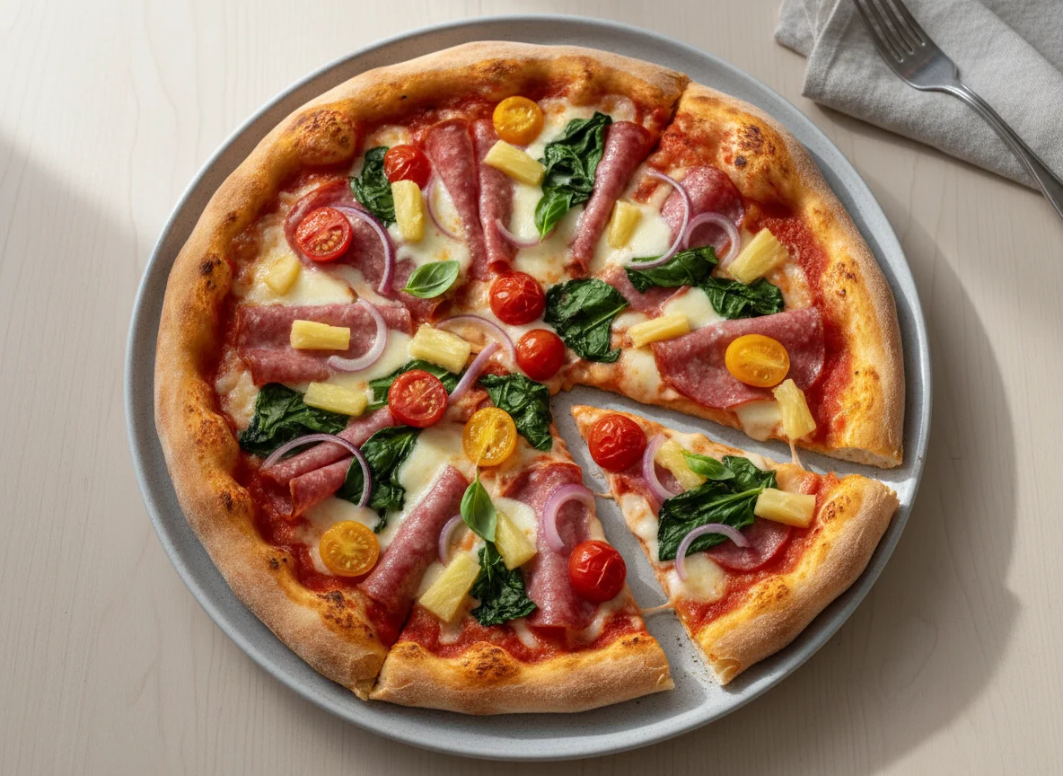 Pizza mit Salami, Spinat und Ananas photo