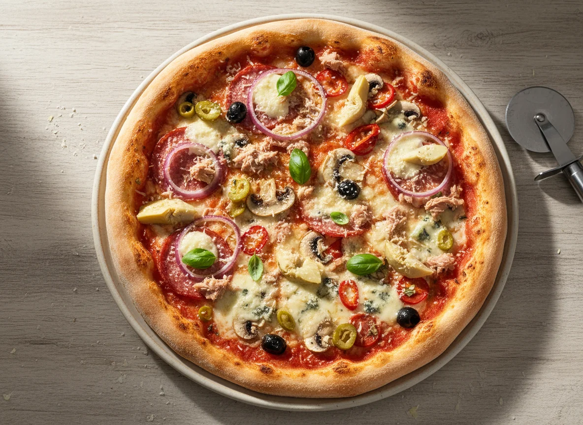 Pizza mit Salami, Thunfisch und verschiedenen Belägen photo