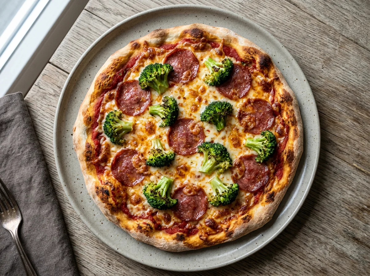 Pizza mit Salami und Brokkoli photo