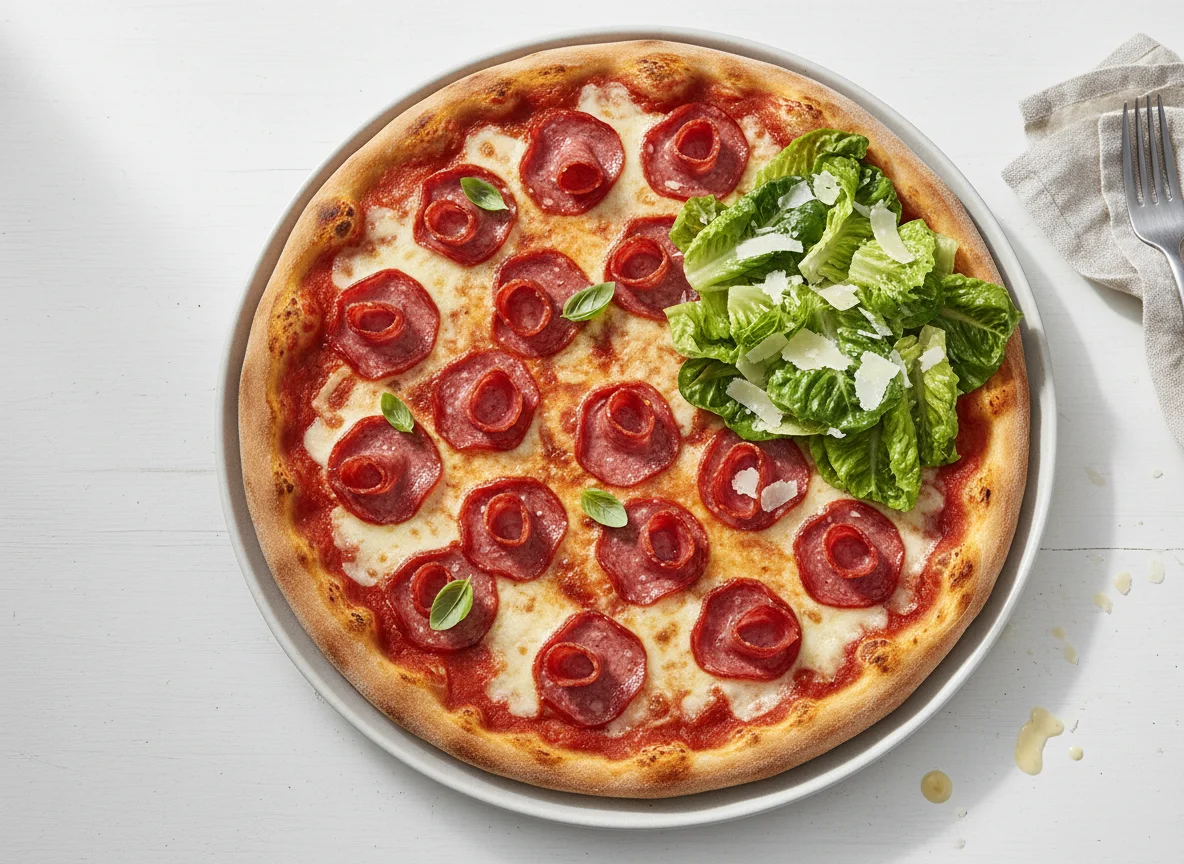 Pizza mit Salami und Caesar Salat photo