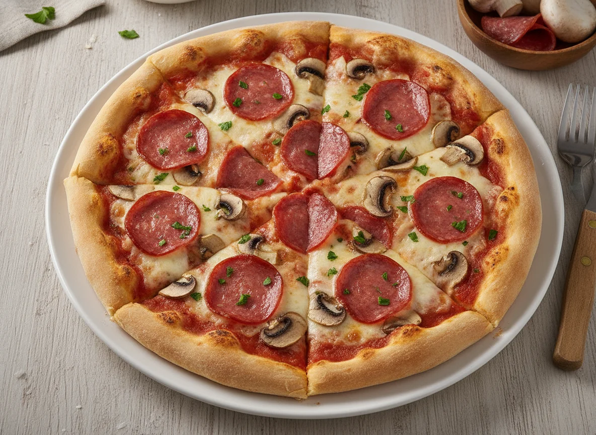 Pizza mit Salami und Champignons photo