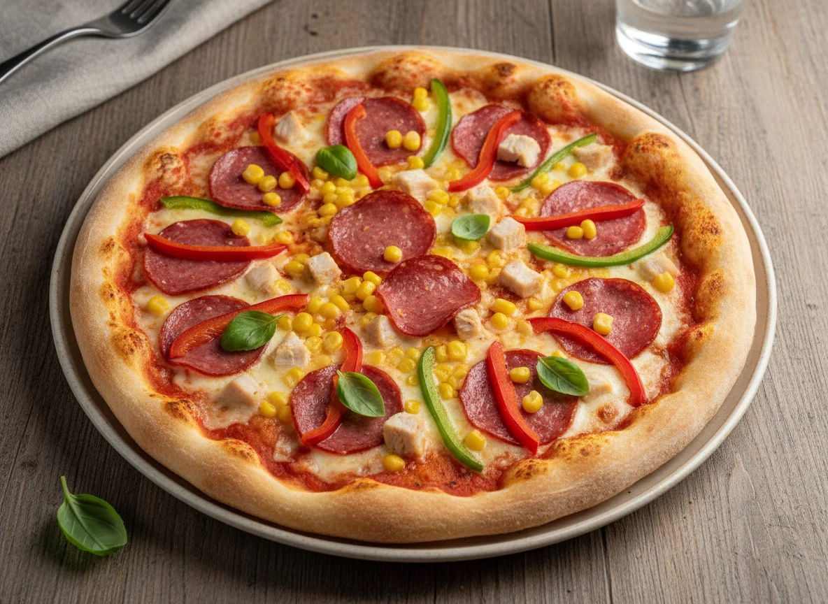 Pizza mit Salami und Hähnchen photo