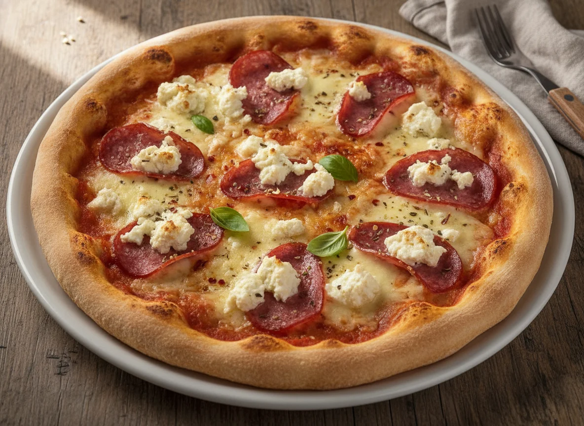 Pizza mit Salami und Hirtenkäse photo