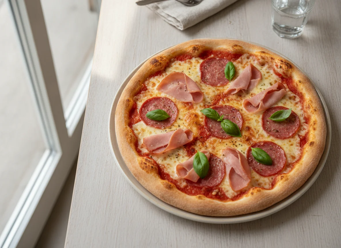 Pizza mit Salami und Kochschinken photo