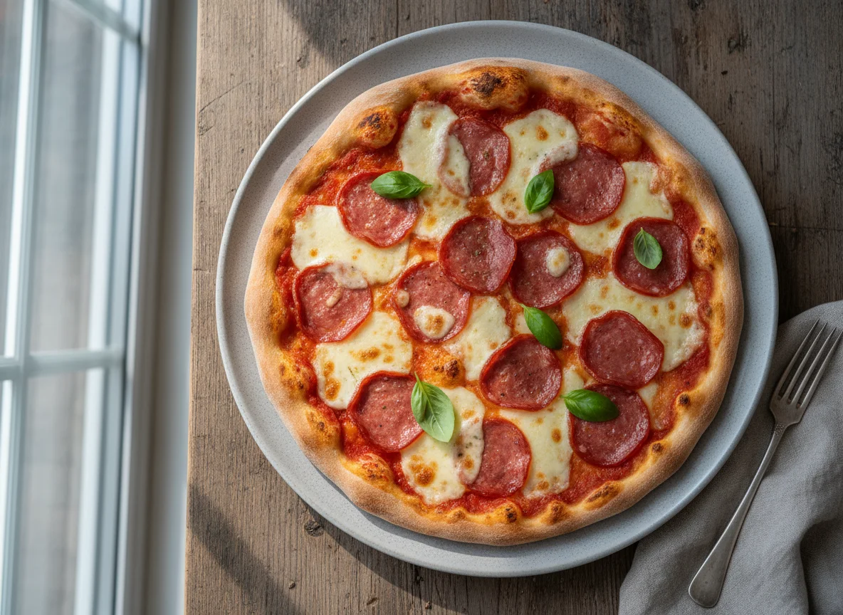 Pizza mit Salami und Mozzarella photo