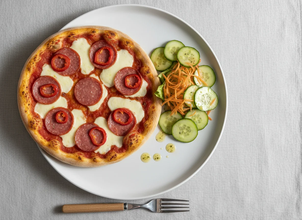 Pizza mit Salami und Peperoni mit Gurken-Karotten-Salat photo