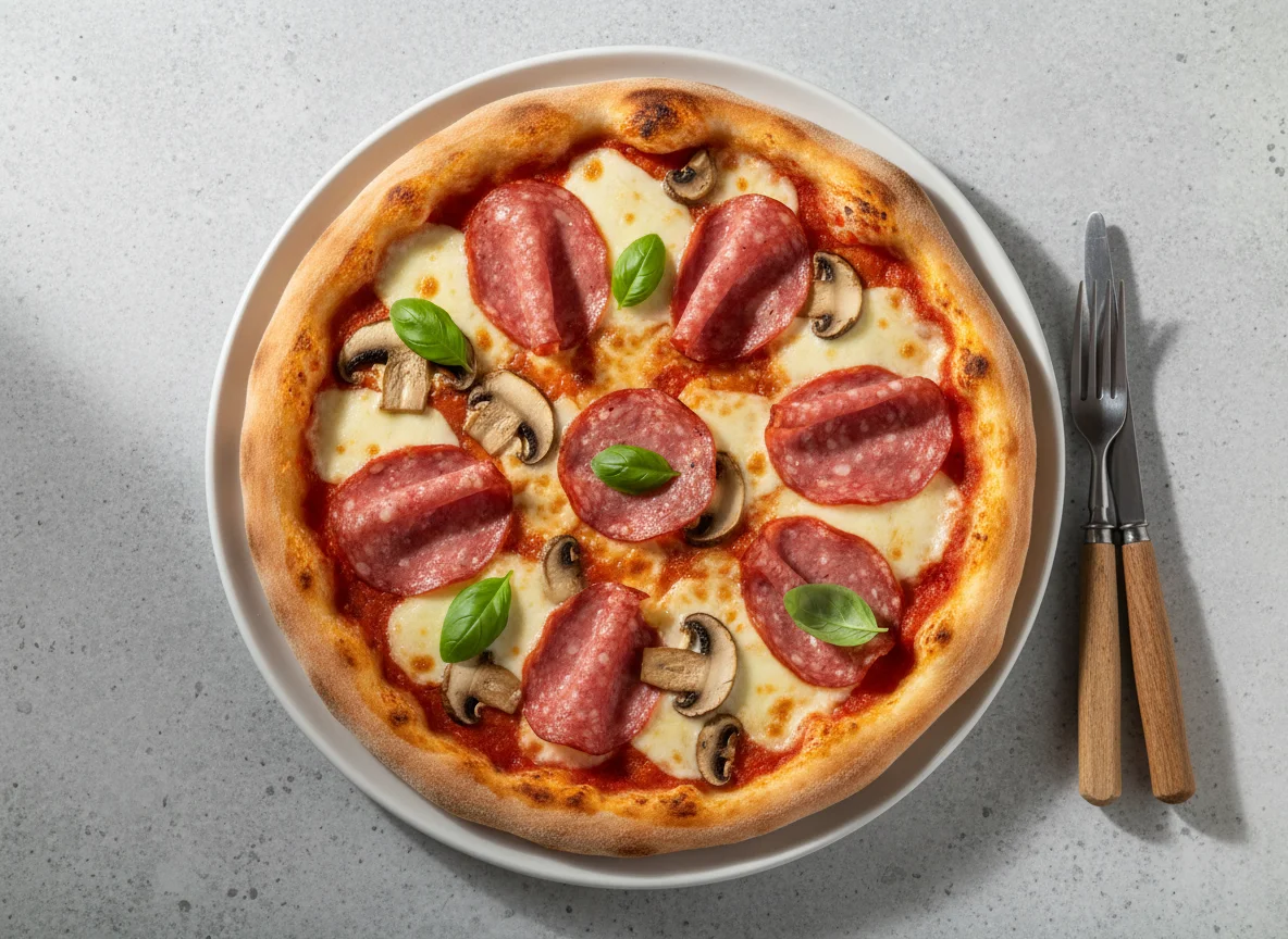 Pizza mit Salami und Pilzen photo