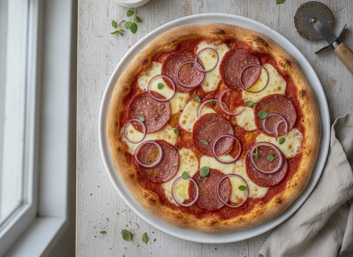 Pizza mit Salami und roten Zwiebeln photo