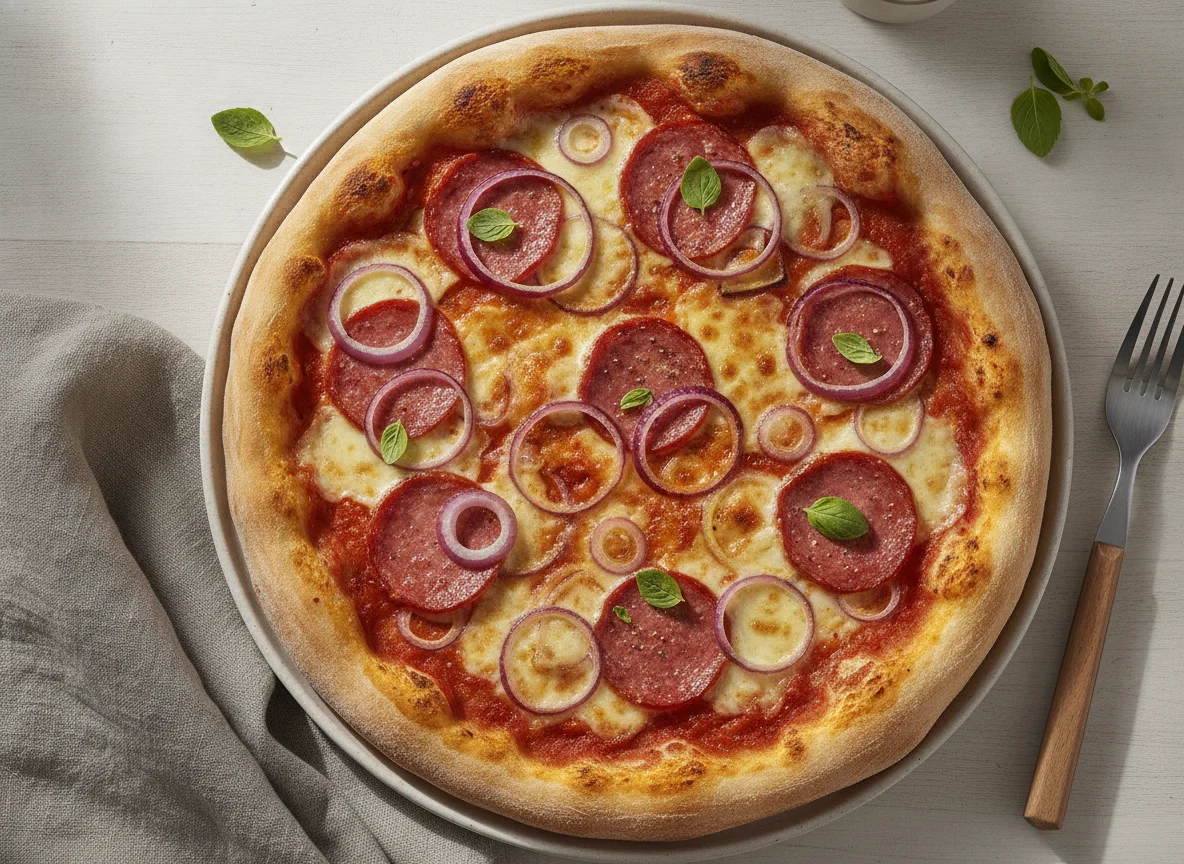 Pizza mit Salami und Zwiebeln photo