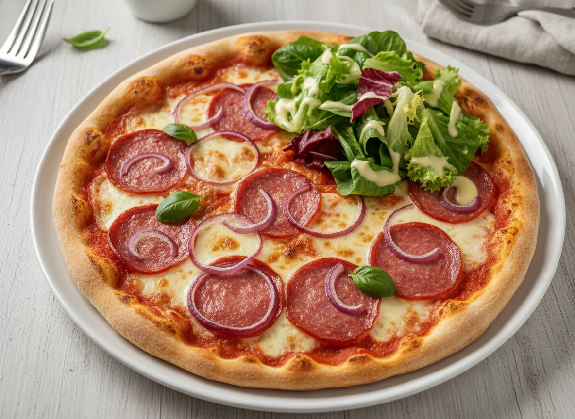 Pizza mit Salami und Zwiebeln und gemischter Salat photo