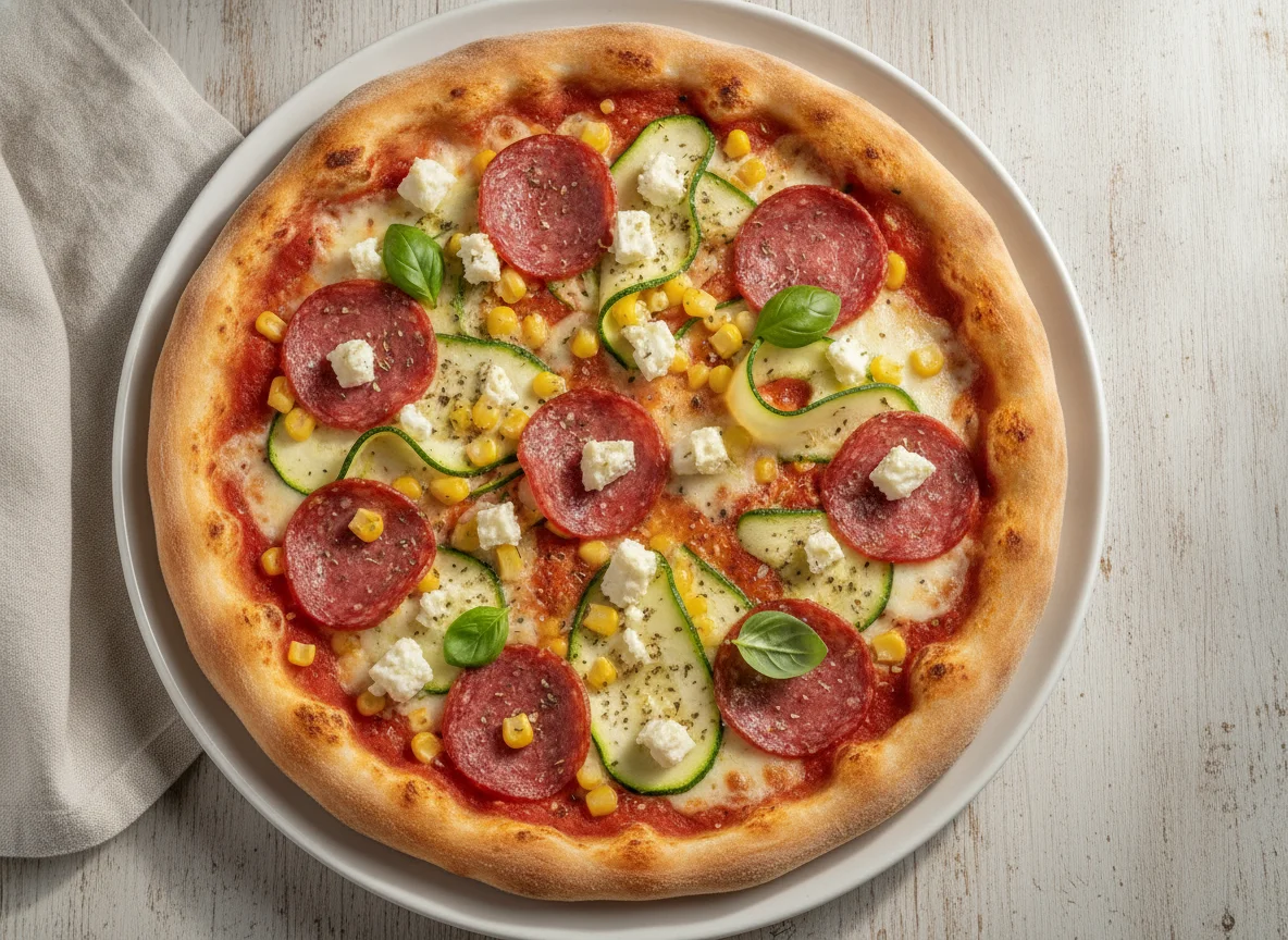 Pizza mit Salami, Zucchini, Mais und Feta photo