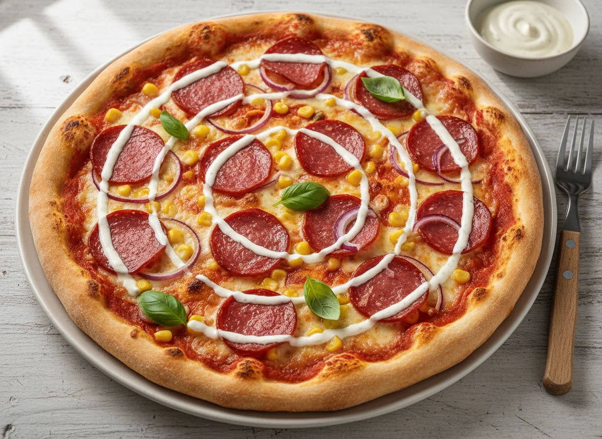 Pizza mit Salami, Zwiebeln, Mais und Knoblauchsauce photo
