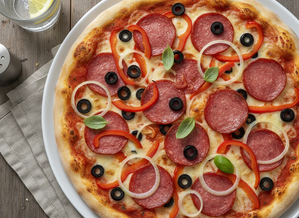 Pizza mit Salami, Zwiebeln, Paprika und Oliven photo