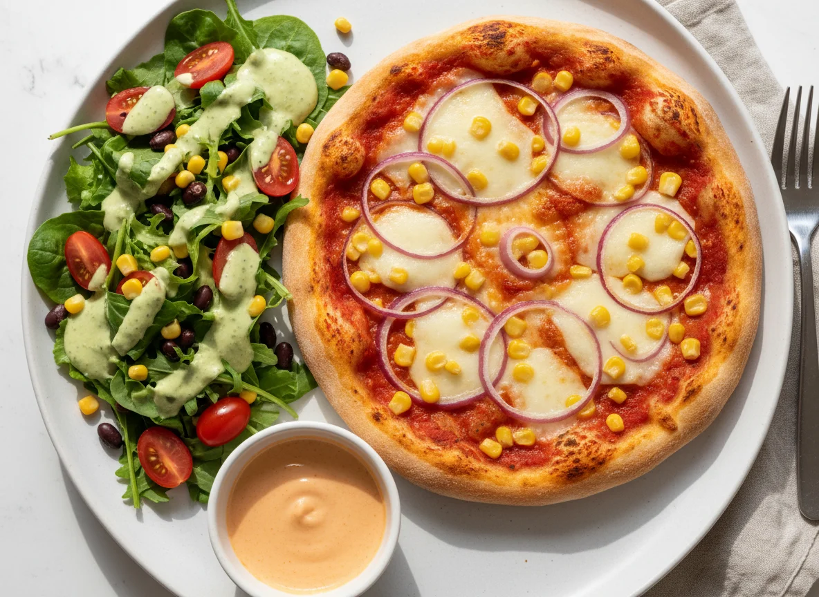 Pizza mit Salat und Dip photo