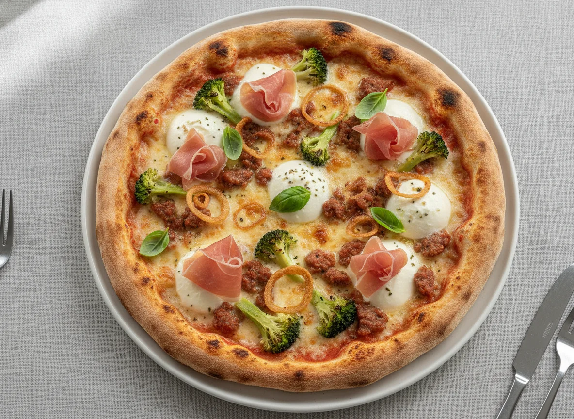 Pizza mit Salsiccia, Brokkoli und Mozzarella photo