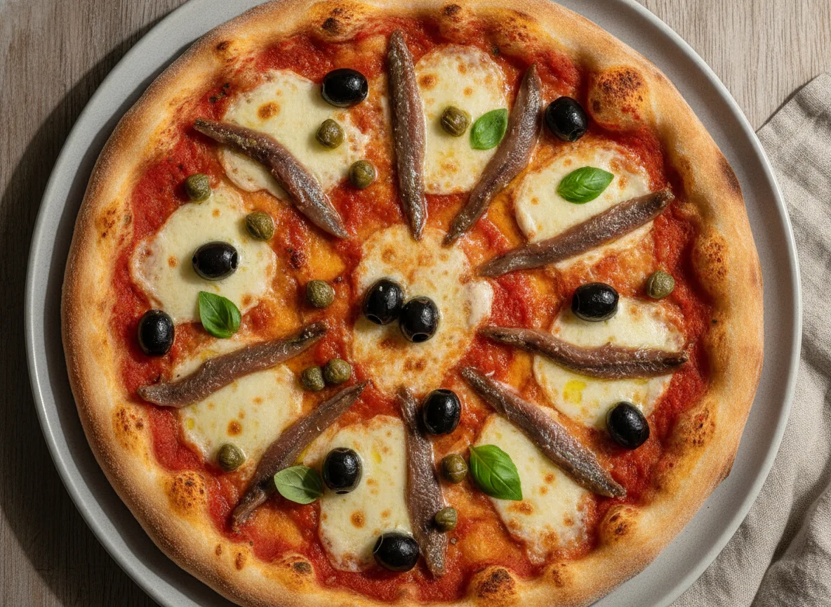 Pizza mit Sardellen, Oliven und Kapern photo