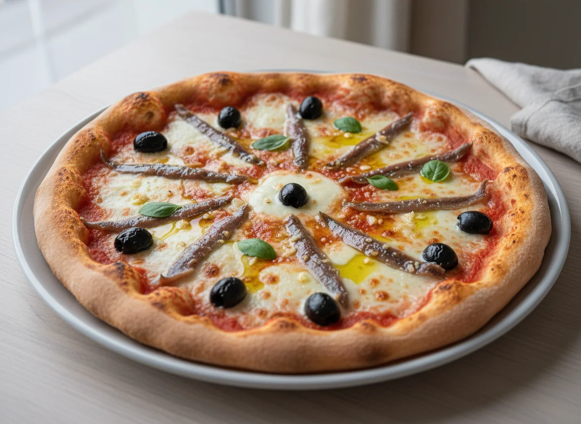 Pizza mit Sardellen und Oliven photo