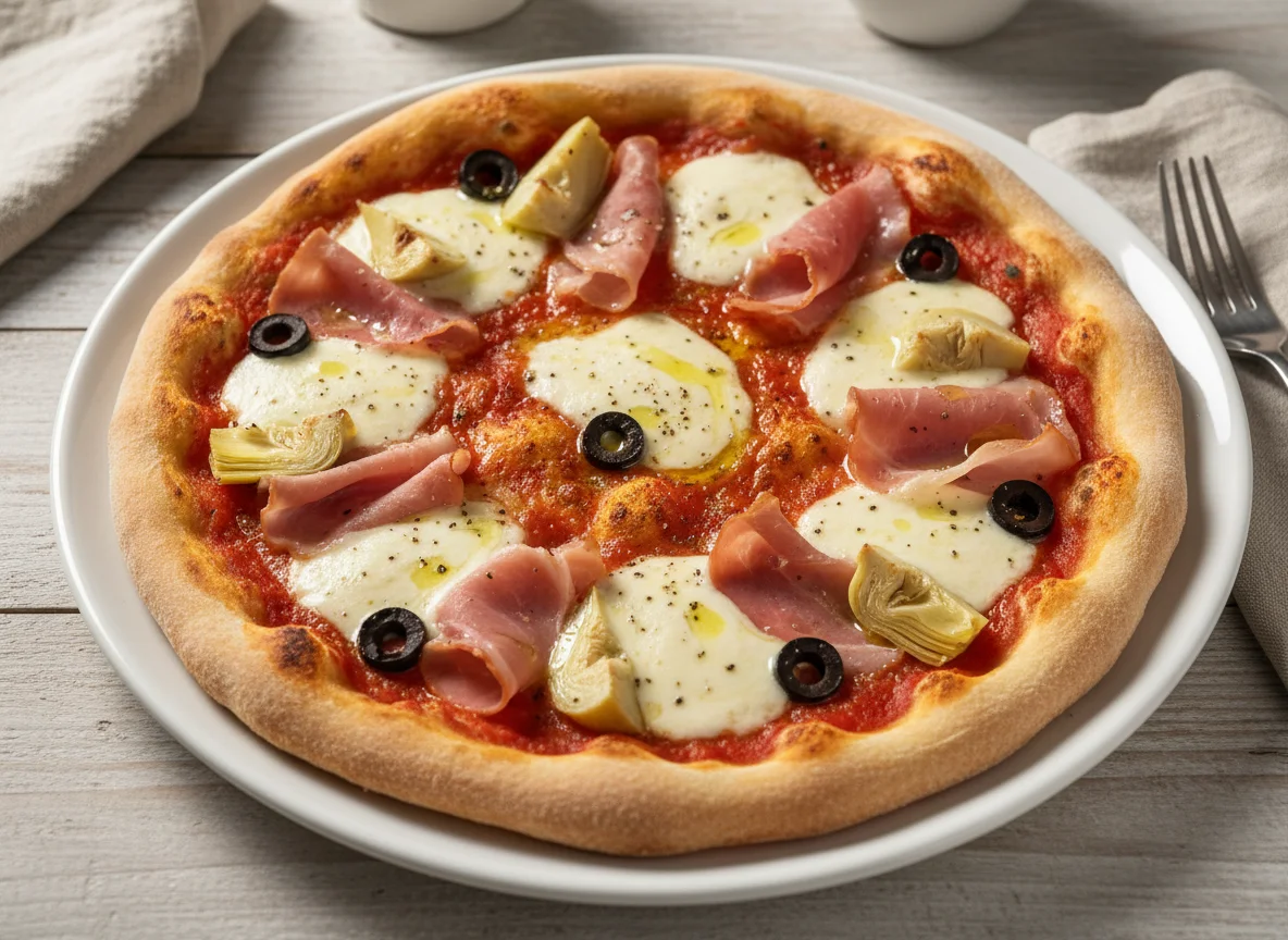 Pizza mit Schinken, Artischocken und Mozzarella photo