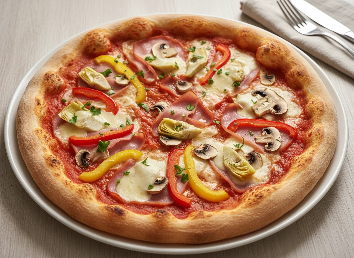 Pizza mit Schinken, Artischocken und Paprika photo