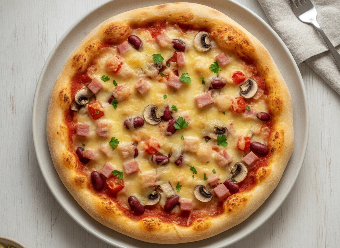 Pizza mit Schinken, Bohnen und Käse photo