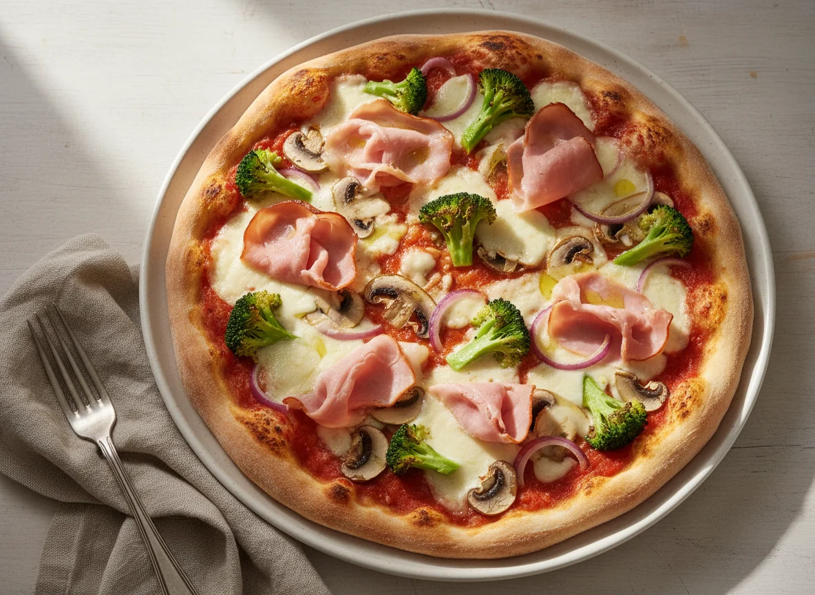 Pizza mit Schinken, Brokkoli und Pilzen photo