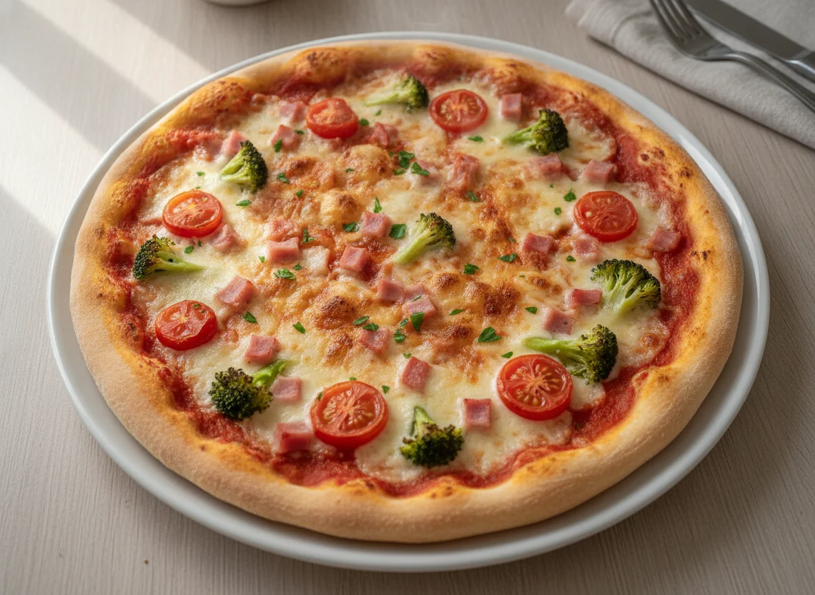 Pizza mit Schinken, Brokkoli und Tomaten photo