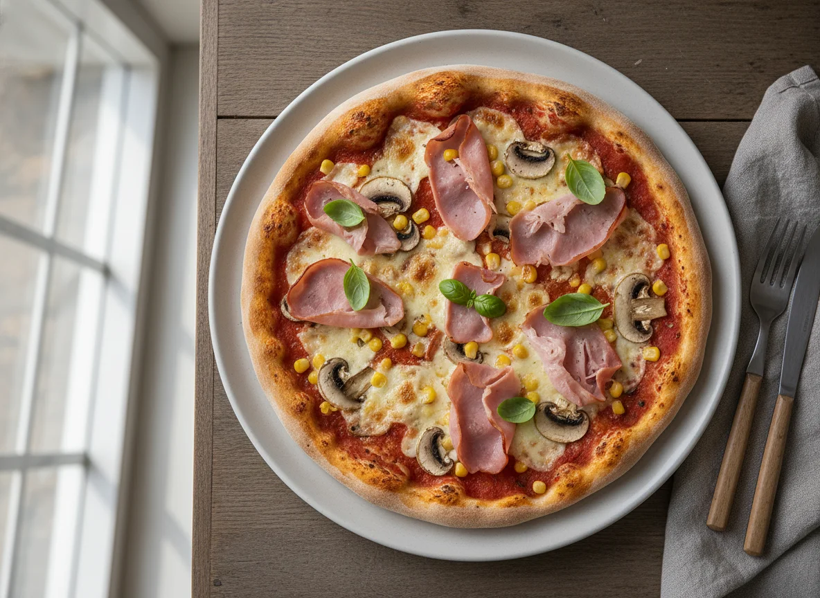 Pizza mit Schinken, Champignons und Mais photo