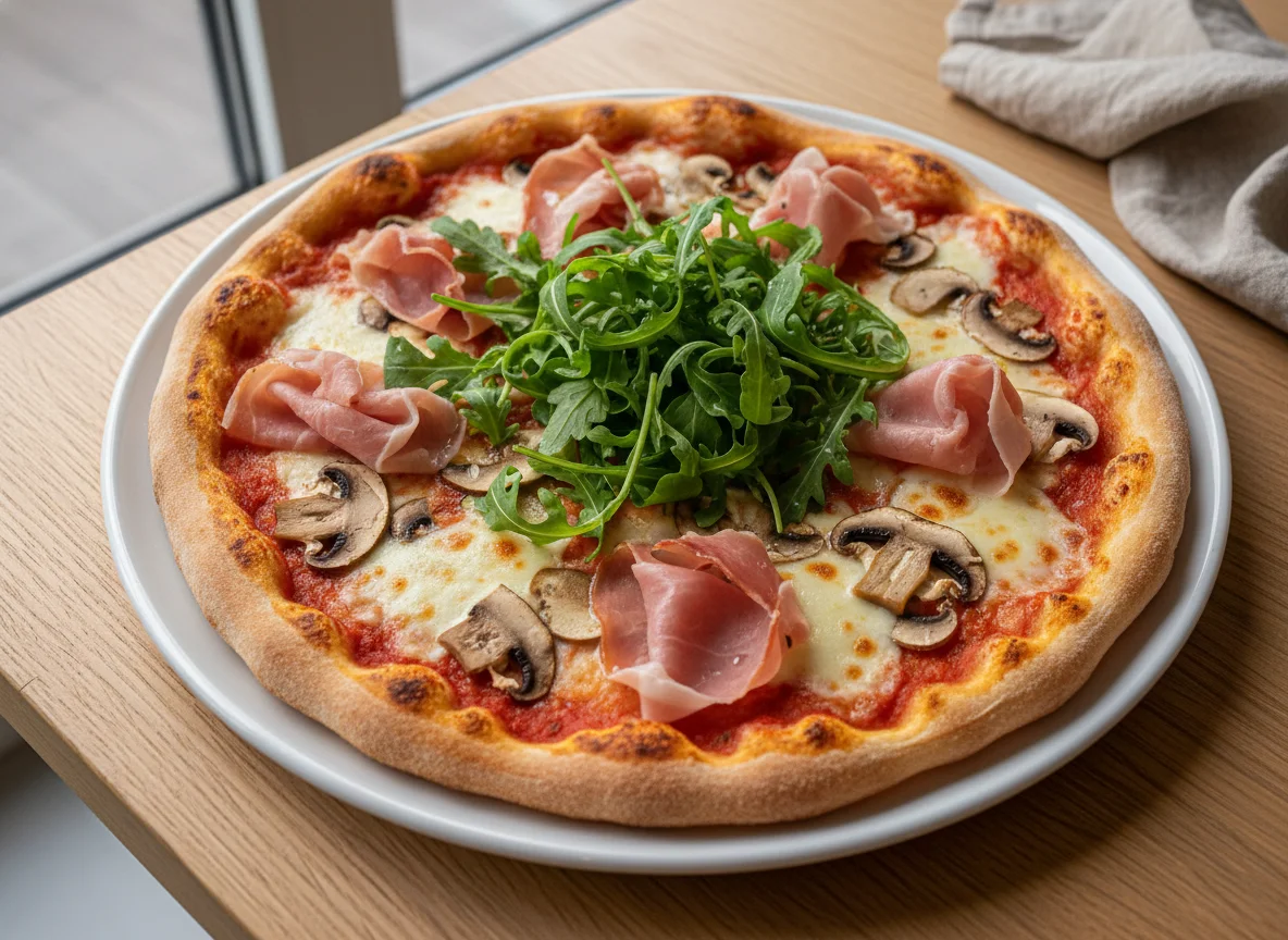 Pizza mit Schinken, Champignons und Rucola photo