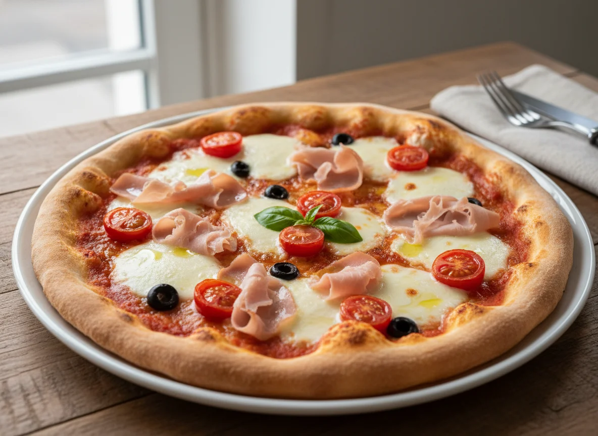 Pizza mit Schinken, Käse und Tomaten photo