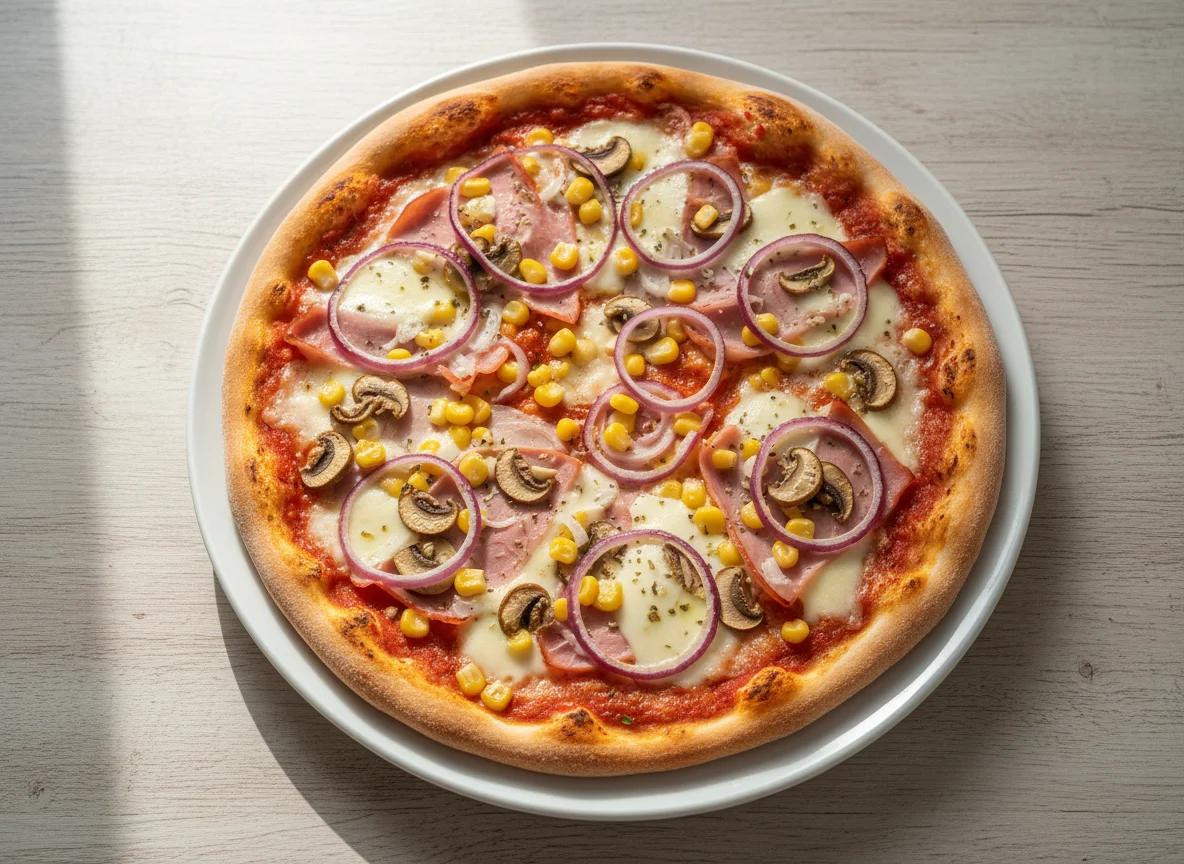 Pizza mit Schinken, Mais, Pilzen und Zwiebeln photo