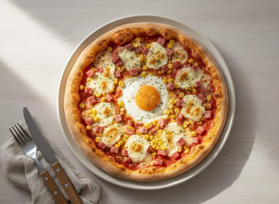 Pizza mit Schinken, Mais und Ei photo
