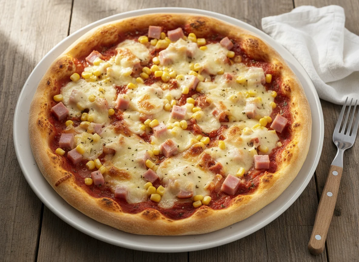 Pizza mit Schinken, Mais und Käse photo